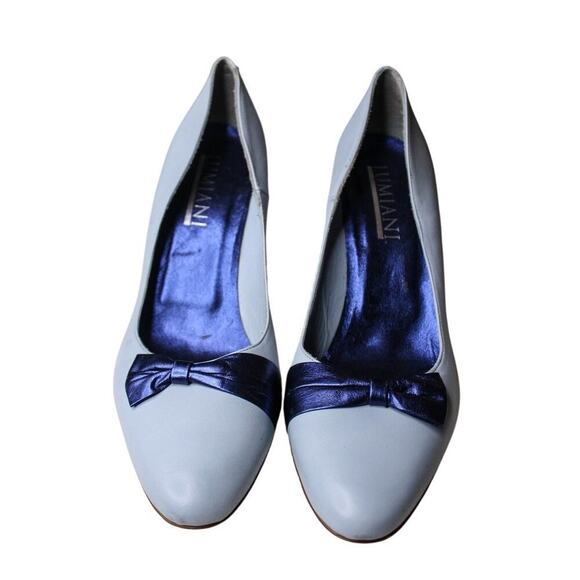 Lumiani Leather High Heel Pumps Italian Bow Blue Classic Preppy Retro - Picture 2 of 5